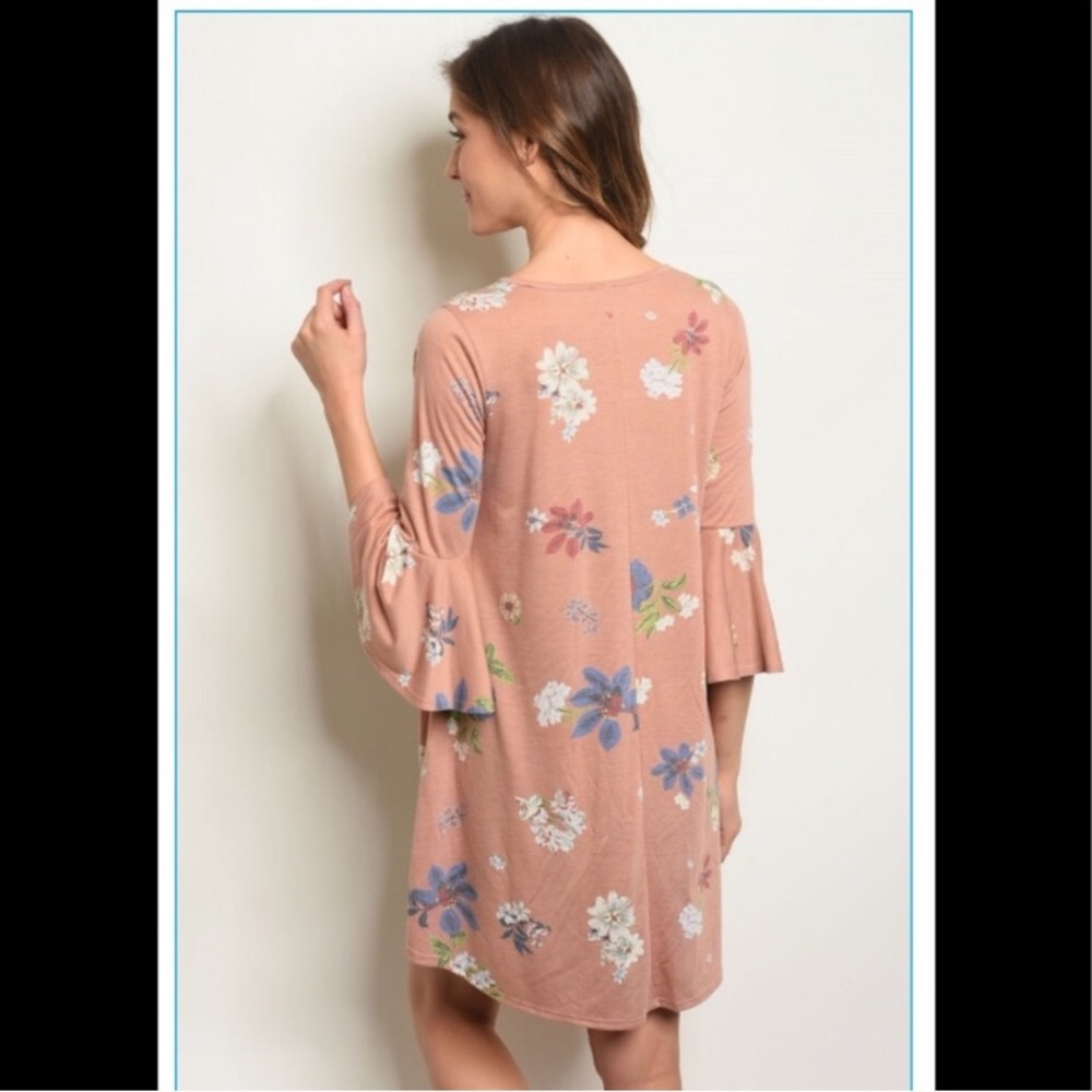 NWT! Blush Pink & Floral Print Bell Sleeve Dress - Picture 3 of 7